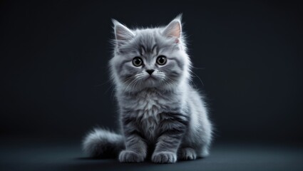 A cute gray kitten with fluffy fur and big eyes sitting on a dark background.
