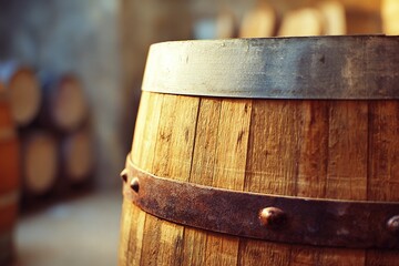 Fototapeta premium Wooden barrel with metallic bands in a rustic storage area for aging beverages and spirits