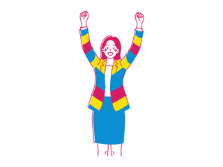 Upbeat professional celebration: A cheerful professional, exuding positivity, celebrates success. Her vibrant attire and uplifted arms reflect the joy of achieving a goal.