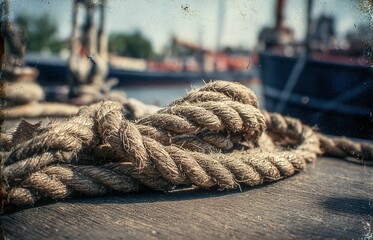 Fototapeta premium Close-up of twisted rope on a wooden dock with boats in the background during a sunny day