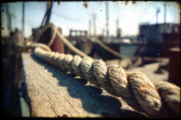 Nautical rope resting on a weathered wooden surface at a harbor during midday