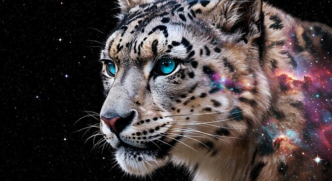 A majestic snow leopard with piercing blue eyes, its fur transforming into a vibrant cosmic nebula against a starry night sky.