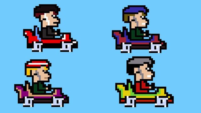 Animation of an 8-bit pixel art game with characters driving racing cars on a blue background, vintage, art.