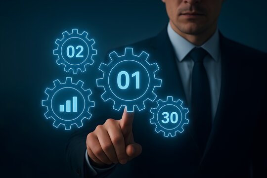 Businessman interacting with glowing digital gears representing business growth and planning