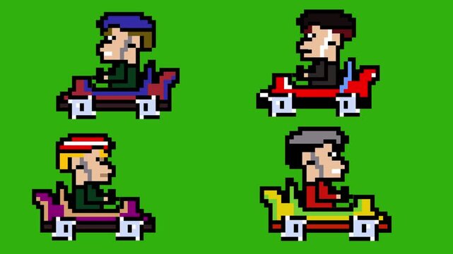 Animation of an 8-bit pixel art game with characters driving racing cars on a green background, vintage, art.