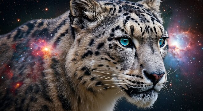 A close-up of a snow leopard with striking blue eyes, overlaid with a vibrant cosmic nebula effect on its fur, creating a surreal and artistic image. - Powered by Adobe