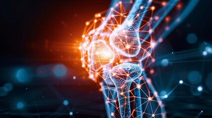 A digital rendering of a knee joint, featuring a network of glowing lines and nodes, symbolizing advanced medical technology and anatomy.