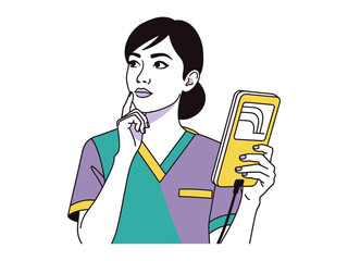 Medical Professional in Contemplation: A medical professional, adorned in scrubs, stands deep in thought, analyzing a handheld device.