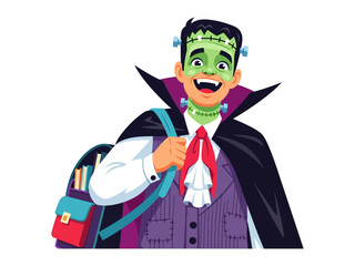 The Friendly Monster Ready For School: A cheerful young individual is depicted in a Frankenstein-inspired attire, fully prepared for school, backpack in tow, smiling to embrace the day.