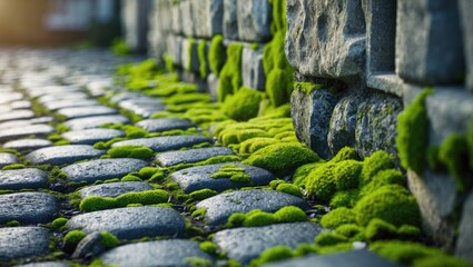 Cobblestone path alongside a stone wall with green moss growing between the stones and at the wall's base.