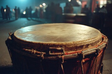 Obraz premium Drum resting in dim light during a lively festival celebration at night in an outdoor setting