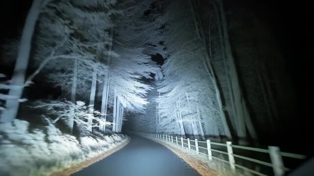 Night Forest Drive &ndash; Speeding Car on Tree-Lined Road