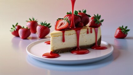 Slice of creamy cheesecake topped with fresh strawberries and dripping strawberry syrup, served on a white plate with a pink background.
