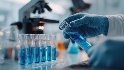 Lab technician in gloves handling a test tube with blue liquid
