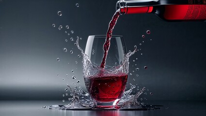 Fototapeta premium Red wine being poured into a clear glass, creating a splash with bubbles, set against a dark background.