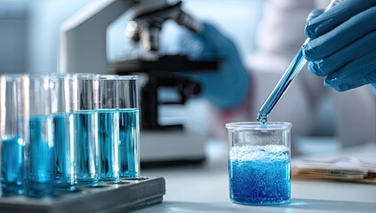 Scientist in lab coat pouring blue liquid into beaker