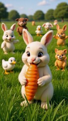 Naklejka premium A 3D cartoon bunny happily munching on an orange carrot amidst lush greenery and farm friends ideal for kids illustrations