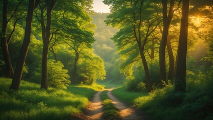 Obraz premium Lush green forest scene with a dirt path and sunlight filtering through the trees.