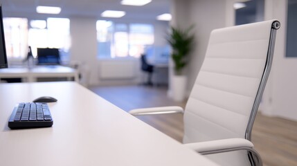 Modern office workspace featuring a sleek white chair and keyboard with blurred background activity