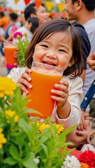 Fototapeta premium A cute child enjoying fresh carrot juice outdoors during World Carrot Vegan and Vegetarian Day celebrations