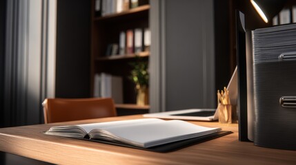 Modern office workspace featuring an open notebook, stylish desk lamp, and organized shelves in background