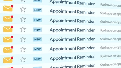 Appointment Reminder email list scrolling on the screen close up, 4k animation. Medical appointment, meeting, call, teamwork
