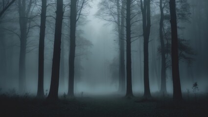 Dense forest landscape with fog and tall trees in a mysterious and eerie atmosphere.