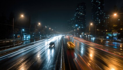 Night city highway in the rain