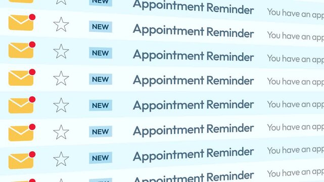Appointment Reminder email list scrolling on the screen close up, 4k animation. Medical appointment, meeting, call, teamwork