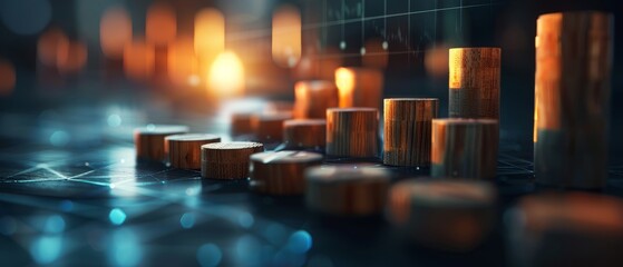 A visually striking digital representation of wooden cylinders on a dark surface, symbolizing data analysis and financial concepts through light and shadow play.
