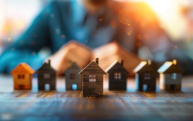 A close-up of miniature houses on a table, with a person in the background, symbolizing real estate investment and housing choices.