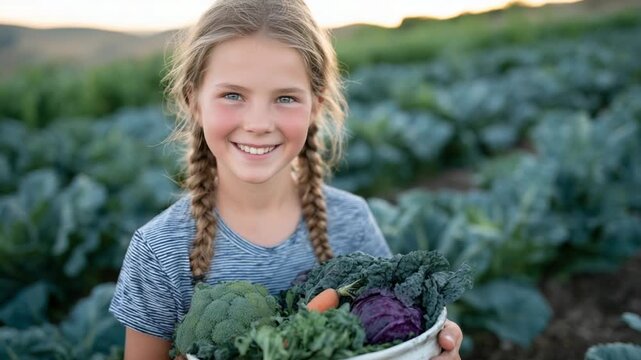 A joyful girl with braided hair holds a bowl of fresh farm vegetables, basking in sunlight amidst rows of organic crops.