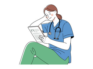 Smiling Nurse Reading Medical Report: A dedicated nurse is immersed in reviewing a medical report while leaning relaxed, her expression reflecting knowledge and a caring approach, set against a clean.