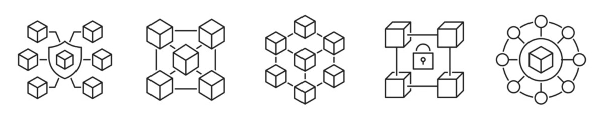 Blockchain technology icon set. Decentralization, security, immutability, crypto, currency, block, chain - stock vector.