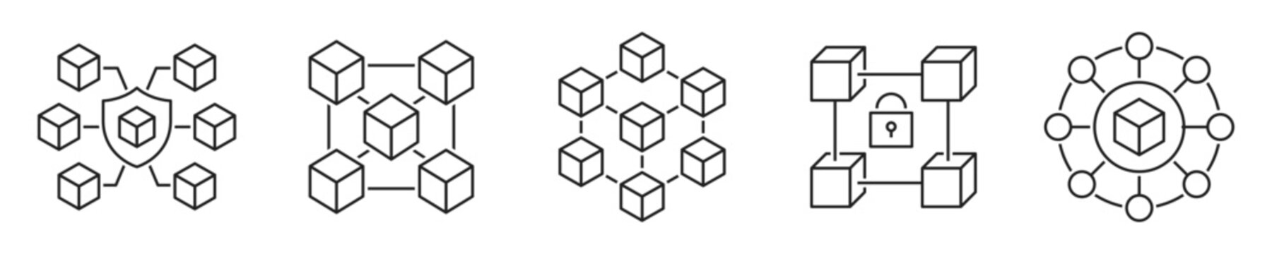 Blockchain technology icon set. Decentralization, security, immutability, crypto, currency, block, chain - stock vector.