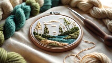 A scenic landscape tapestry in embroidery with trees, water, and sky, surrounded by skeins of yarn and embroidery tools.