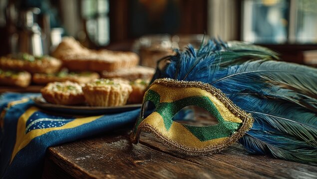 Festive mask and pastries on a rustic table
