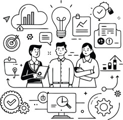 Business Teamwork and Project Planning – Outline Line Art Illustration of Office People with Charts and Creative Idea Icons