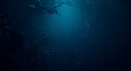 Fototapeta premium Deep Ocean Exploration: Submerged Mystery - A mysterious underwater scene with deep blue tones and subtle light. Symbolizes exploration, the unknown, serenity, depth, and hidden beauty