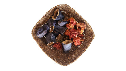 A rustic basket filled with sun-dried eggplants and peppers for traditional dolma embodies Mediterranean winter cuisine, showcasing Anatolia's brilliant food preservation culture.