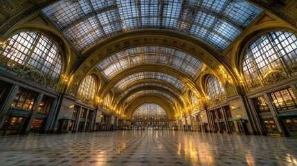 Grand Train Station Interior Passengers Departing,  Evening Light