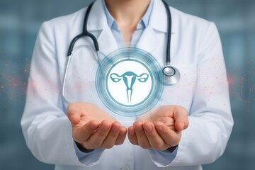 Doctor holding virtual uterus icon,human reproduction system,female gynecology,medical healthcare,obstetrics concept,infertility treatment,reproductive health awareness