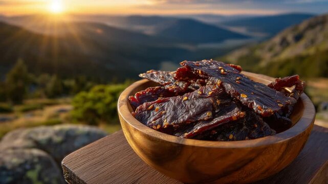 Artfully arranged beef jerky strips in a handcrafted wooden bowl, illuminated by a fiery sunset, create the perfect snack ambiance.