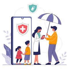 Doctor with family under umbrella and shield children