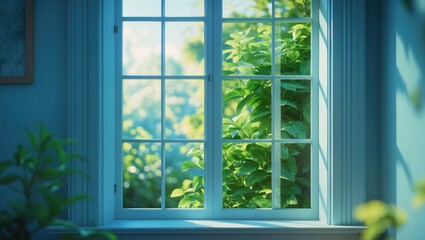 Fototapeta premium A bright window view showing lush green foliage outside with sunlight filtering through.