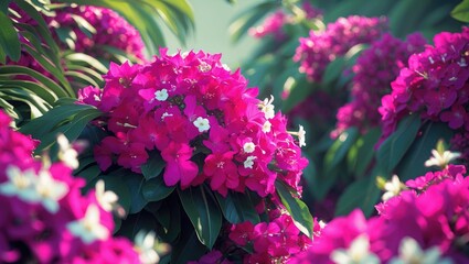 Obraz premium Vivid pink and white bougainvillea flowers clustered on green leaves. Bright, lush garden scene with vibrant flowering plants.