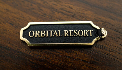 Orbital Resort Signage: An elegant brass sign, emblazoned with the words Orbital Resort, rests on a richly textured wooden surface, subtly suggesting an inviting and exclusive destination.
