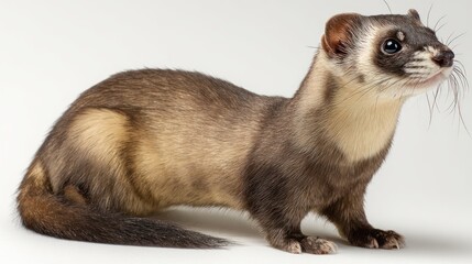 Obraz premium Small mammal with brown, cream, and black fur standing on a white background, profile view