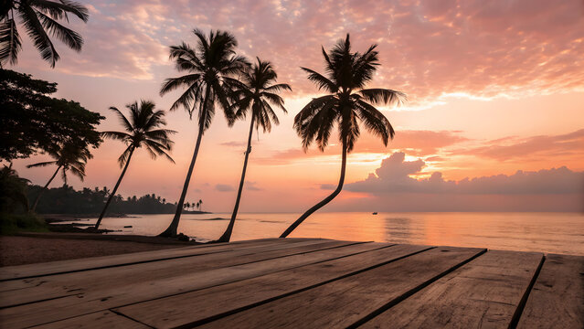 Tropical beach at sunset with palm trees and wooden walkway
