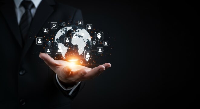 Global Network Connection in Hand - A businessman holds a glowing globe representing global network connections, symbolizing worldwide reach and communication